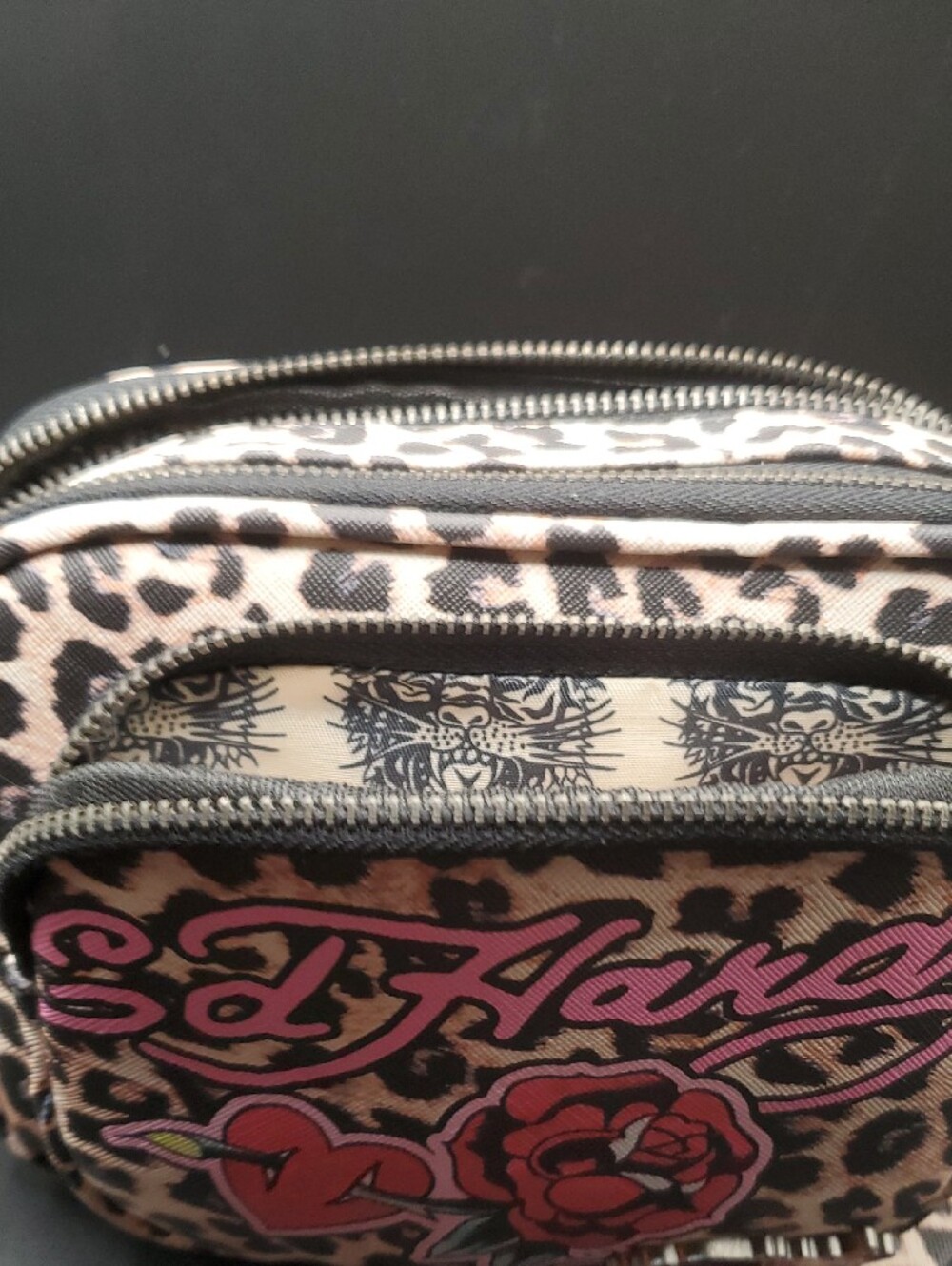 Ed Hardy Leopard Crossbody Bag with Pink Script and Rose - Picture 10 of 12